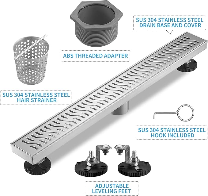 Linear Shower Drain 36 inch, Floor Drain with Removable Pattern Grate, 304 Stainless Steel Rectangular Linear Drain with Hair Strainer, CUPC Certified, Brushed Nickel, SD-103