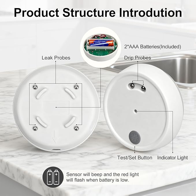 eMylo Water Leak Detectors for Home, Water Leak Sensor Alarm with Sensitive Leak and Drip Alert, IP66 Waterproof, Flood Monitor Detector for Home Basement Sink Kitchen Bathroom Laundry