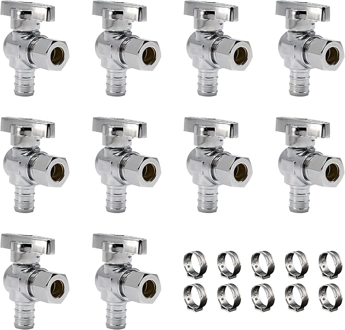 10 Pcs Quarter Turn 1/2 Inch Pex x 3/8 Inch Compression Angle Stop Valve, 1/2"Pex x 3/8" OD Compression Angle Shut Off Valve, Solid Brass, Chrome