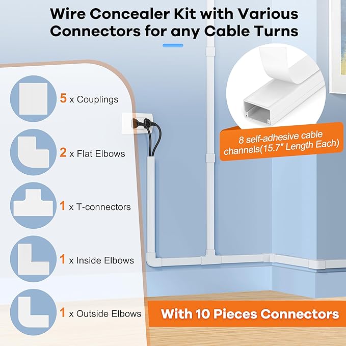 126in Cord Hider Kit, ZhiYo Cord Covers for Wall Mounted TV, Paintable Wire Cover for Cords, TV Cable Hider Wall Kit, Cable Cover Wire Management, White Cord Concealer, 8 x L15.7in W0.95in H0.55in