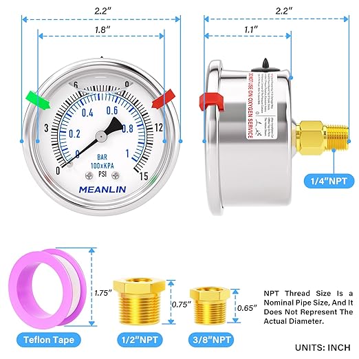 MEANLIN MEASURE 0~15Psi Low Liquid Filled Pressure Gauge Stainless Steel 1/4" NPT 2" FACE DIAL for Water Oil Air Well Pump Tank Tire Pressure Test Center Back Mount, with Hex Bushing and 2PCS Snaps