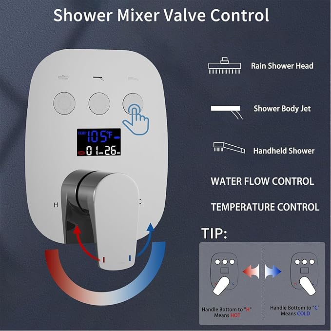 Chrome Shower Mixer Valve Pressure Balance Trim Kit LCD Digital Display Shower Faucet Valve Bathroom Shower Handle Diverter Trim 3 Function Push Botton Diverter Valve