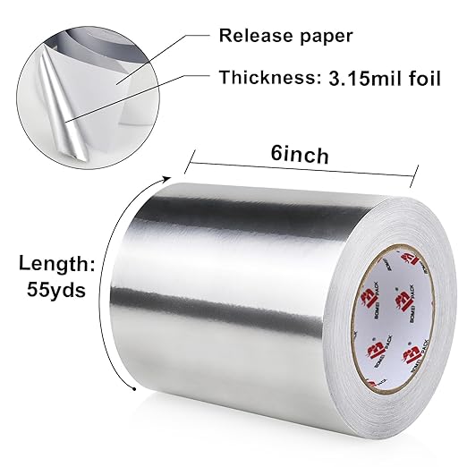 BOMEI PACK Aluminum Foil Tape,Heavy Duty Metal Duct Tape,High Temperature Silver Tape,Perfect for Sealing & Patching,HVAC,Air Ducts,Insulation and Metal Repair (6 Inch x 55 Yards)