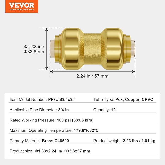 VEVOR Pipe Fittings, 3/4" 12PCS Brass Pipe Fittings, Straight-Through Push-Fit Pipe Connector Brass Air Fittings, Heavy Duty Plumbing Fittings Adapter for Heating/Shower Systems, Water Pipes
