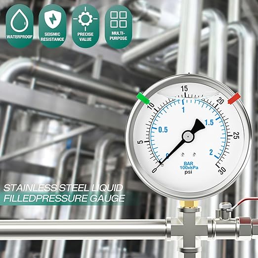 0-30PSI Stainless Steel Liquid Filled Pressure Gauge, 4" Dial Size, 1/4" NPT Lower Mount, for Tube, Water Pump, Gas, Liquid, Pressure Test (with Range Mark Pointer)