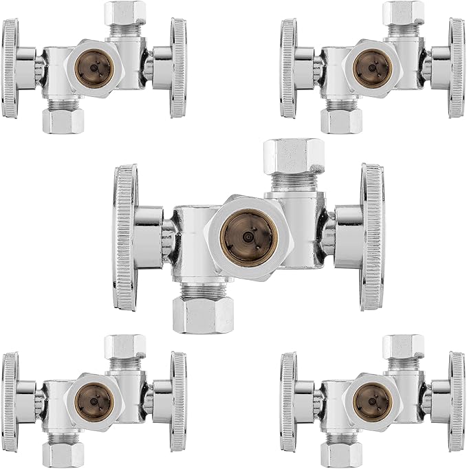 5-PCs HeSun Dual Shut Off Angle Valve, 1/2" Nominal (5/8"OD) x 3/8" OD x 3/8" OD Compression, 1/4-Turn Stop Valve with 2 Shut Offs, PEX Chrome Plated Brass(VALVE134-5)