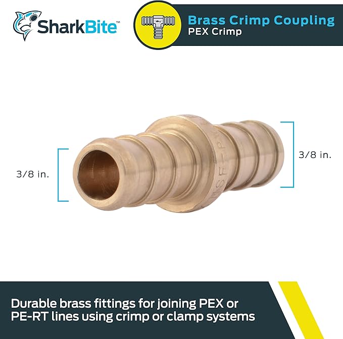 SharkBite 3/8 Inch Crimp Coupling, Brass Plumbing Fitting, PEX Pipe, PE-RT, UC006LFA