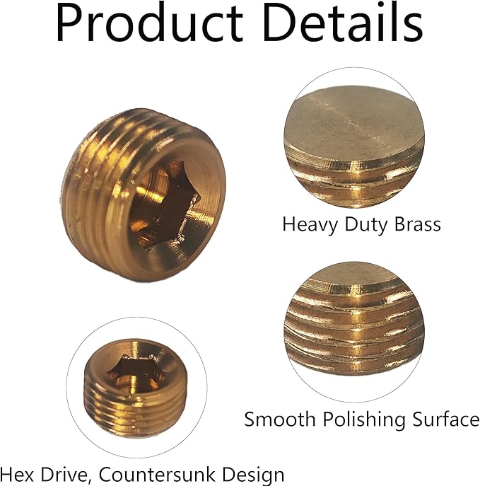 12PCS 3/8" NPT Male Plug Fitting Set, Brass Hex Counter Sunk Plugs, Internal Hex Socket Thread Pipe Plug for Closing the End of Pipe