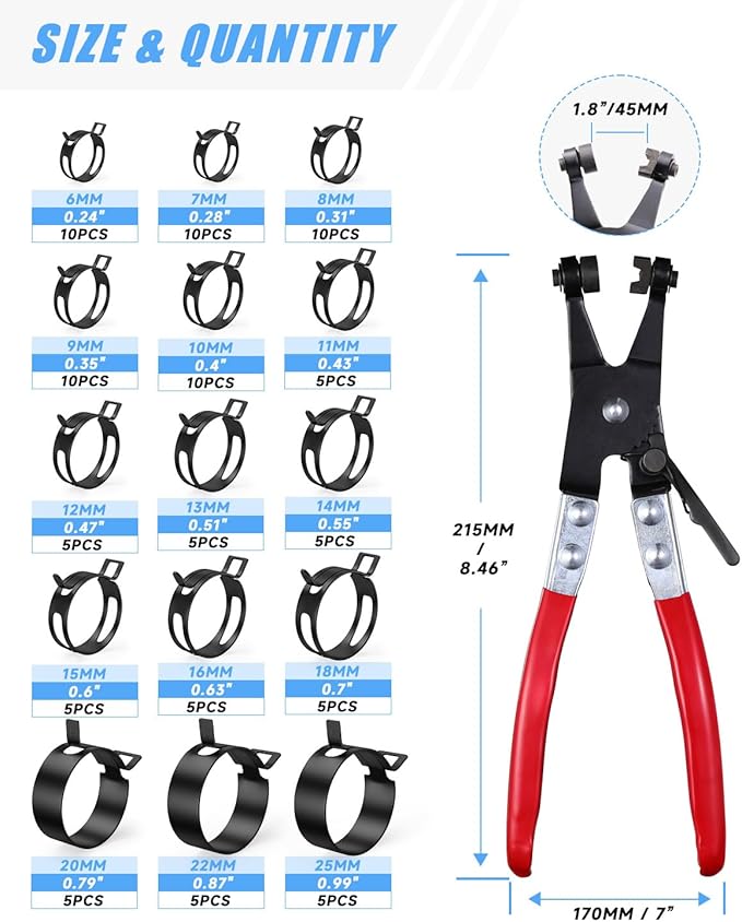 100Pcs 6-25mm Spring Hose Clamps Assortment Kit with Swivel Flat Hose Clamp Plier for Automotive, Plumbing & DIY Projects - Durable Constant Tension Steel Design for Low Pressure Air