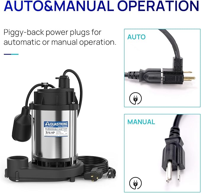 AQUASTRONG 3/4 HP Sump Pump, 4200 GPH Stainless Steel and Thermoplastic Submersible Water Pump, Automatic Float Switch with Piggy-back Plug,1-1/2" NPT Discharge Subpumps for Basement and Flooding Area