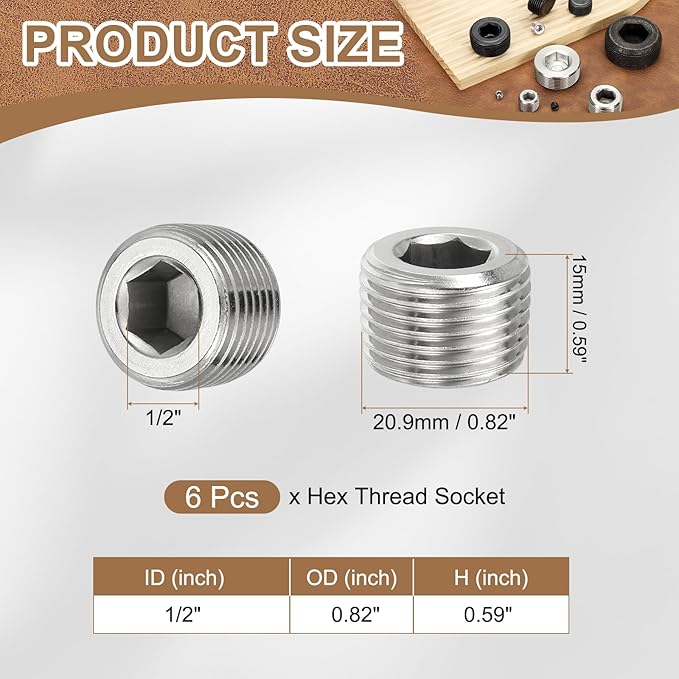 Pipe Plug Stainless Steel Internal Hex Thread Socket Pipe Plug Fitting - Fitting for (Sealing Port - Air Tanks - Water Outlets) 1/2 Inch NPT Male & 6 Pack