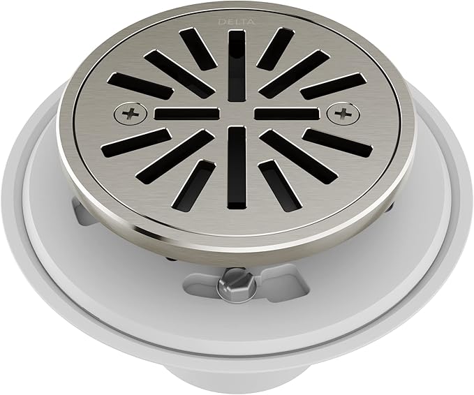 Delta 4 Inch Brushed Nickel Round Tile-In Round Shower Floor Drain with Gasket and Removable Drain Gate, Stainless DT061411-SS