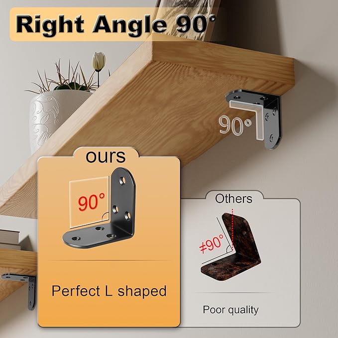 Alise 4Pcs Stainless Steel L Brackets for Shelves Black, Small Floating Shelf Brackets, 90 Degree Right Angle Bracket, Heavy Duty Metal L Bracket Corner Brackets for Wood Furniture (2.56X2.56 in)