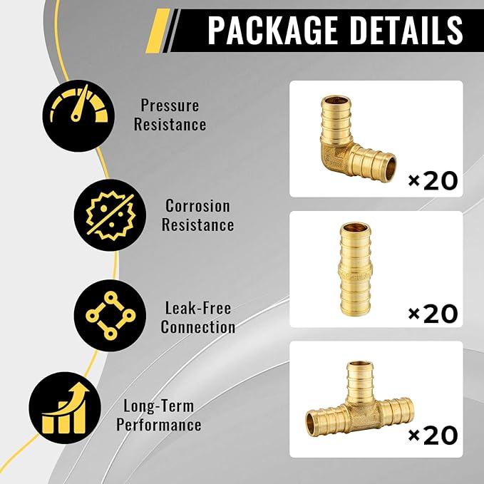 60 Pack Foskan 1/2 Inch PEX Brass Fittings Set, 20 PCS Each,Includes Elbows Tees Straight Couplings, PEX Crimp Barb Fitting Kit