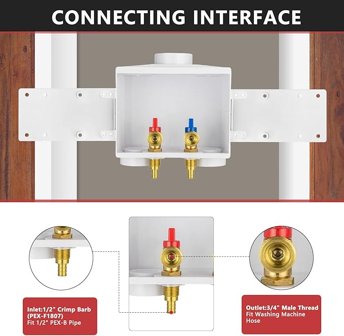 EFIELD Double Drain1/2 Inch PEX Crimp Connection x 3/4 Inch MHT Washing Machine Outlet Box,(WM042)