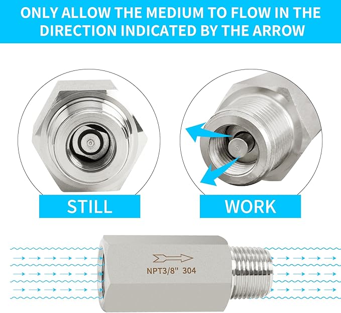 ChillWaves 304 Stainless Steel In-Line Siamese Check Valve 3/8" NPT Male x 3/8" NPT Female Thread, One-Way Non-return Check Valve，Prevent Water Back-flow(1-PACK)
