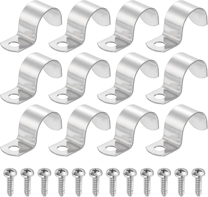 uxcell 12Pcs 25mm(1") One Hole Rigid Pipe Strap, 304 Stainless Steel Conduit Clamp Thicken U Bracket Heavy Duty Pipe Clamp with Self-Tapping Screws for Fixing Tube Cable, Silver