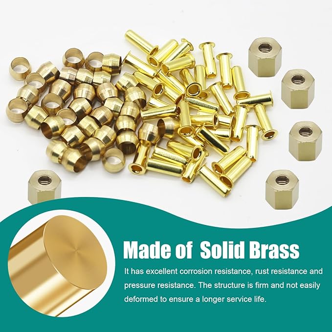 220PCS 1/4" Brass Compression Sleeves Ferrules Inserts Nuts Assortment Kit for Air Water Fuel Oil Line Connection and Inert Gases