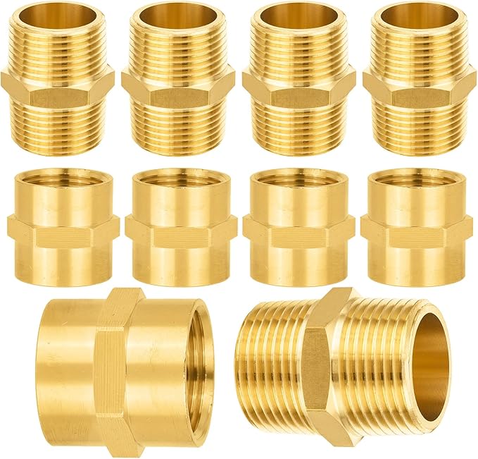 10-PCs HeSun Brass Pipe Fittings Combo, 5-PCs 3/4" NPT Male + 5-PCs 3/4" NPT Female Hex Nipple Adapter