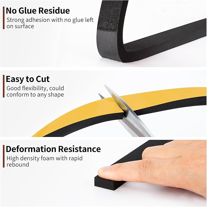 Yotache Foam Weather Stripping Tape 2 Rolls 3/4" W X 3/8" T (New Adhesive Craft), Neoprene Foam Rubber Seal for Door Frame Insulation, Sounproofing, 13 Ft Length (2 X 6.5 Ft Each)