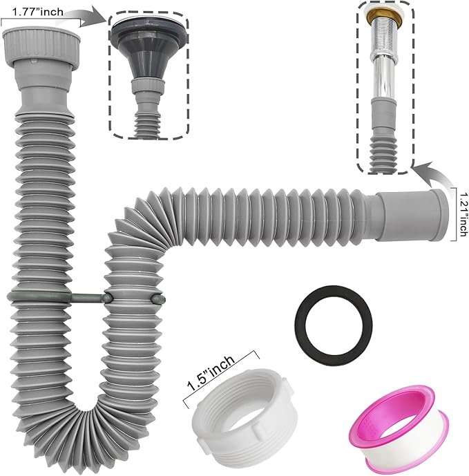 Flexible Expandable Bathroom P Trap, 1 1/4 to 1 1/2 Sink Drain Adapter Included, Wash Basin Rubber Tips Sink Drain Pipe, Universal Extension Tube for Kitchen Bathroom Sink Sewer Drain