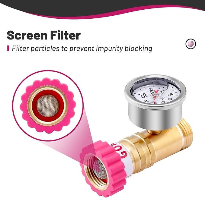 Water Pressure Regulator, Lead-Free Brass Pressure Reducer, 40-50psi, 3/4" Hose, with Gauge and Filter Screen, for Camper Travel Trailer RV Plumbing System