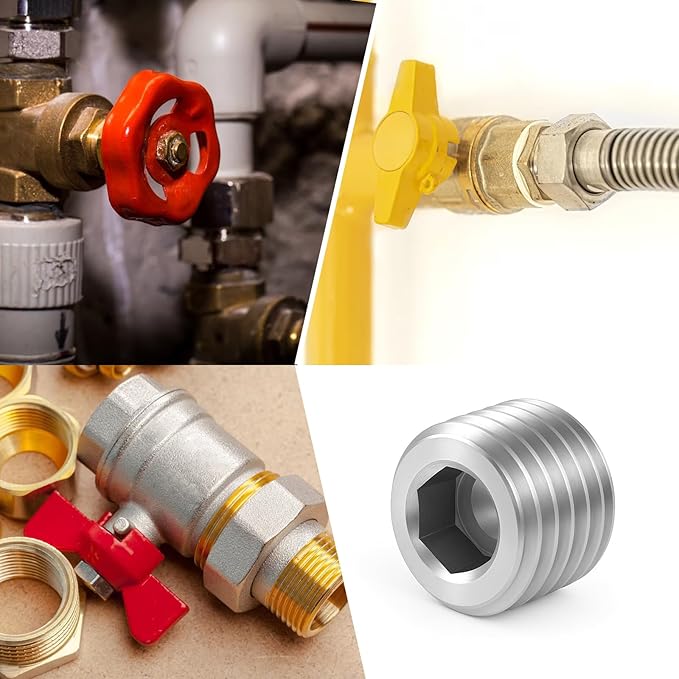 5 PCS 3/8" NPT Male Pipe Plug Stainless Steel Pipe Plug Fitting Set Hex Counter Sunk Pipes Plugs for Closing the End of Pipes, Internal Hex Socket Thread Socket Plugs Kit