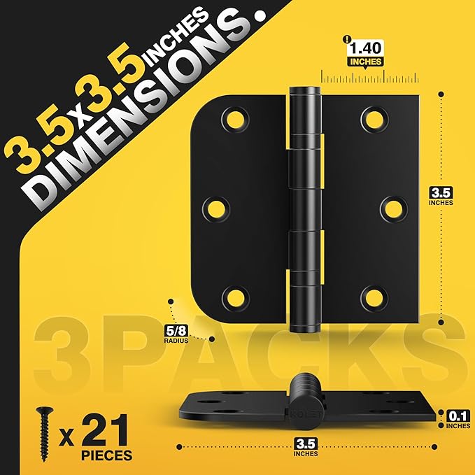 KOLET Ball Bearing Door Hinges, 3.5 x 3.5 Inches Black Exterior Door Hinges, Square and 5/8'' Radius Corner, Heavy Duty Stainless Steel Hinges, Smooth and Quiet, Non Removable Pin, Matte Black, 3 Pack