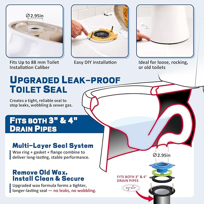 NEEXAN Toilet Flange Repair Kit – Toilet Wax Ring Replacement Kit with Elastic Wax Ring, Rubber Toilet Gasket Seal Kit with Nuts, Washers & Bolt Caps