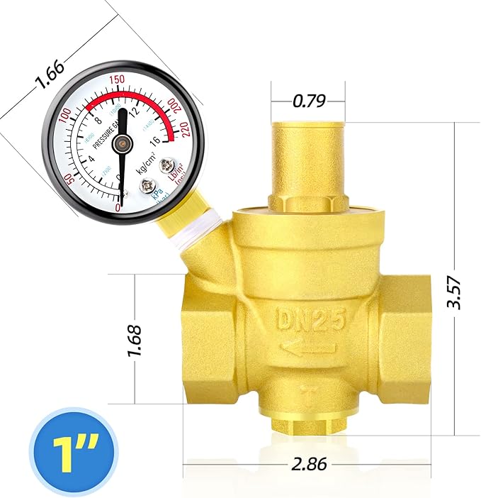 MEANLIN MEASURE 1 inch brass Water pressure regulating valve, pressure regulating valve, pressure reducing valve, DN25, with 0-220PSI pressure gauge