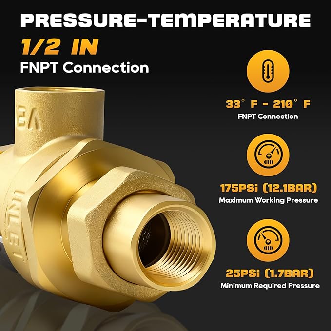 1/2 Inch 9D-M3 Backflow Preventer, Brass Dual Check Valve with Intermediate Atmospheric Vent, 190T012 Replacement for Watts, Female NPT for Boiler Feed Line, Lab, Sterilizer