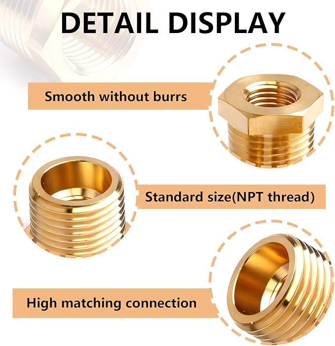Brass Hex Bushing Reducing Bushing Pipe Fitting,1/4" to 1/8", 3/8" to 1/8", 3/8" to 1/4", 1/2" to 1/4", 1/2" to 3/8",3/4" to 1/2" NPT Brass Fitting Reducer Adapter