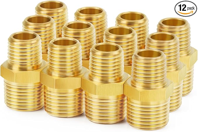 ChillWaves Brass Pipe Fitting, Reducer Hex Nipple 1/4" NPT Male x 1/8" NPT Male Thread Adapter(12-PACK)
