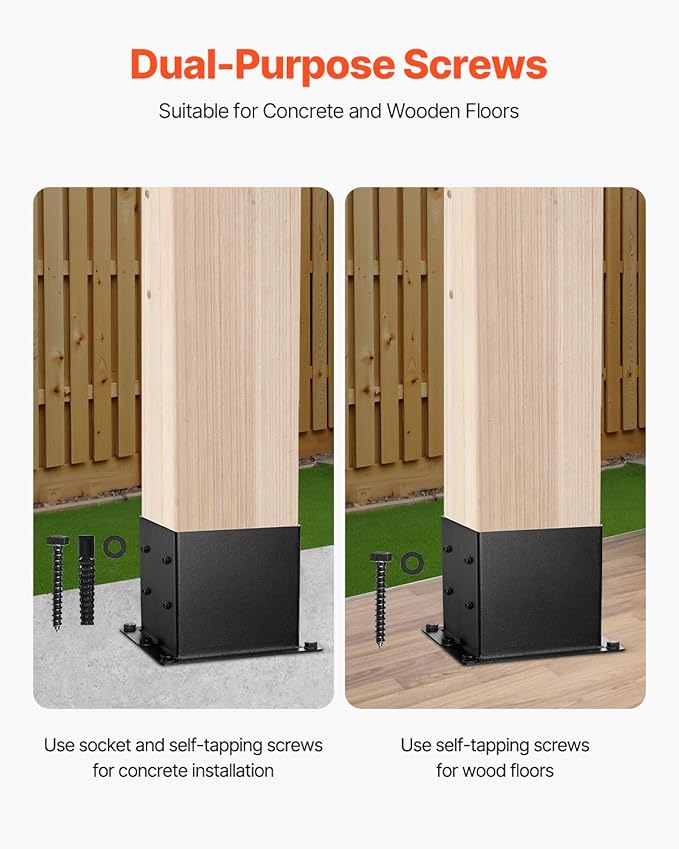 VEVOR 4x4 Post Base 8 Pcs, Inner Size 3.6x3.6 inch / 92x92 mm Post Brackets, Heavy Duty Carbon Steel Decking Posts, Wood Posts Brackets for Pavilion Deck Railing Support Deck Base Plate, Black