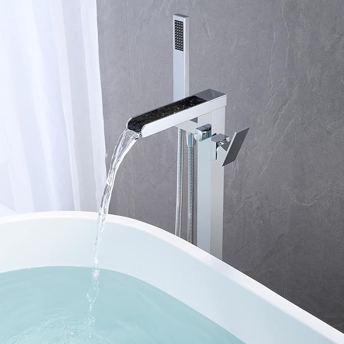 Freestanding Tub Filler Waterfall Bathtub Faucet Chrome Floor Mount Brass Single Handle Bathroom Faucets with Hand Shower