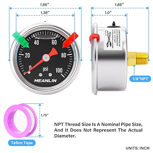 MEANLIN MEASURE 0~100Psi Stainless Steel 1/8" NPT 1.5" FACE DIAL, Glycerin Filled Pressure Gauge, Liquid Filled, Back Mount with 2PCS Snaps (Black)