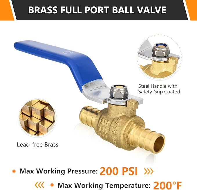 HeSun 50-PCs PEX Ball Valves, 3/4-Inch Brass Crimp Pex Valve for Hot and Cold Water, 1/4 Turn Full Port Shut-off Valve, ASTM F1807, Blue