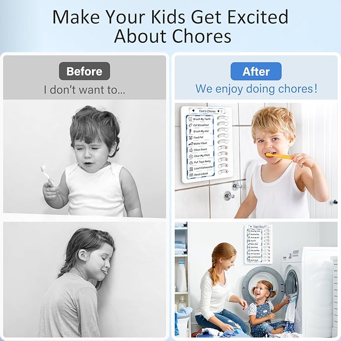 Chore Chart for Kids Dry Erase Chore Board ADHD Tools for Kids to Do List Checklist Task Board Routine Chart Planning Board for Fridge with 10 Sliders and Magnetic Marker, White and Blue, 2 Pack
