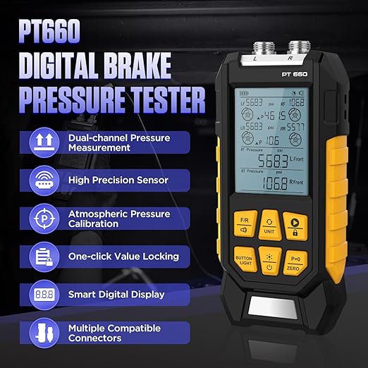 Manometer, Brake System Pressure Tester with 11 Adapters, 3 Units Switch, Magnetic Back, Smart Alarm Notification, Dual-Port Digital Brake Pressure Tester, 10-21000Kpa, PT660