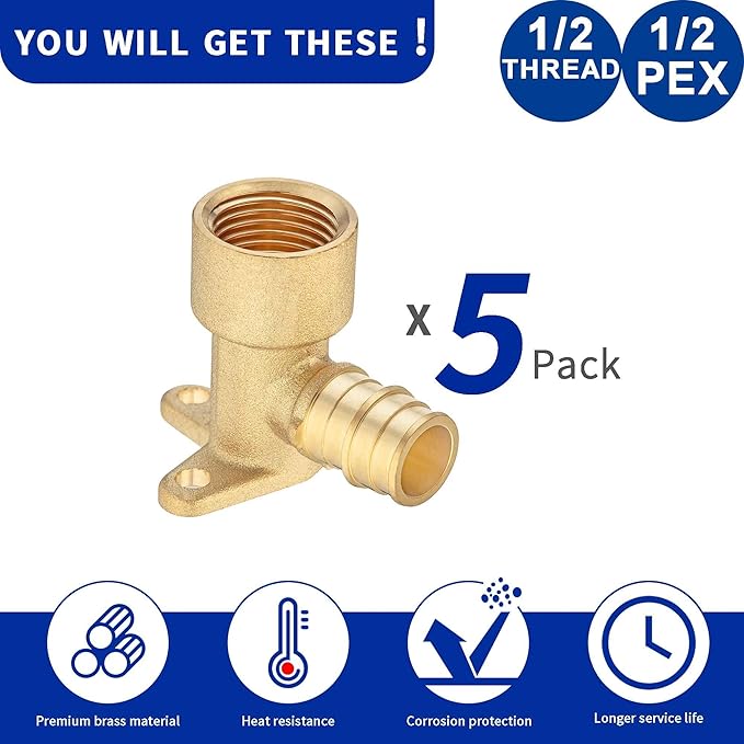 (5 Pack) Lidertik 1/2 Drop Ear Elbow PEX-A Adapter to 1/2" NPT Female Threaded Adapter Brass plumbing connection LI-EPXDEE1212(5 Pieces)