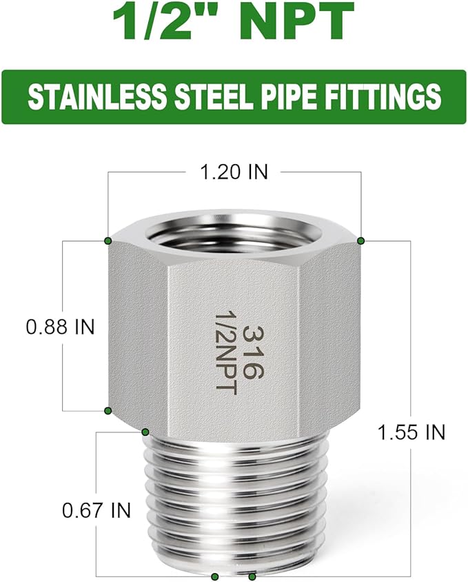 TAISHER 2PCS Forging of 316L Stainless Steel Pipe Fitting, Reducer Adapter, 1/2" NPT Male x 1/2" NPT Female, Reducing Pipe Adapter Fitting