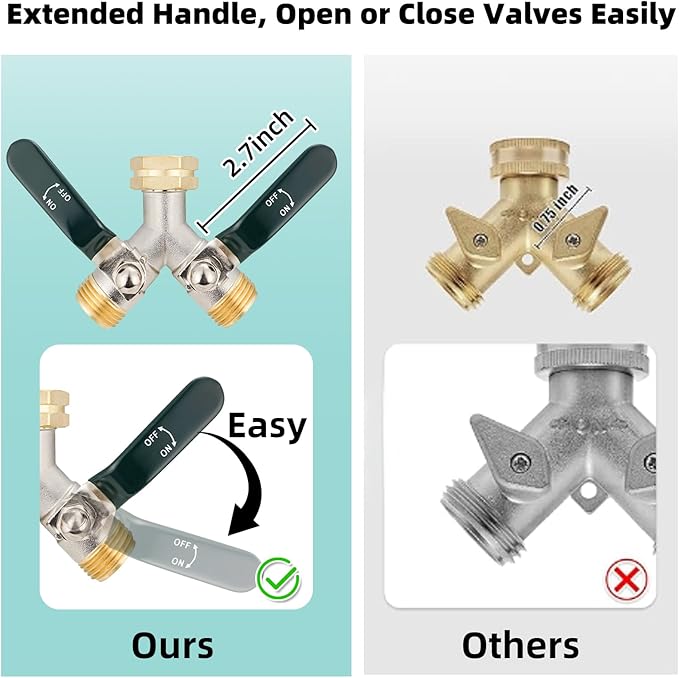 Hose Splitter 2 Way, Brass High Flow Garden Hose Splitter Heavy Duty, Hose Connector, Water Spigot Splitter, Faucet Splitters with shutoff, 3/4” GHT Inlet