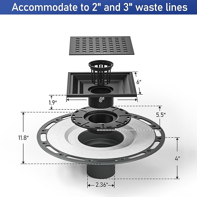 Square Shower Drain, 6" Matte Black with PVC Bonding Flange Base 304 Stainless Steel Drain Grate Removable with Stainless Drain Key for Low Profile Shower Tiles, CUPC Certified