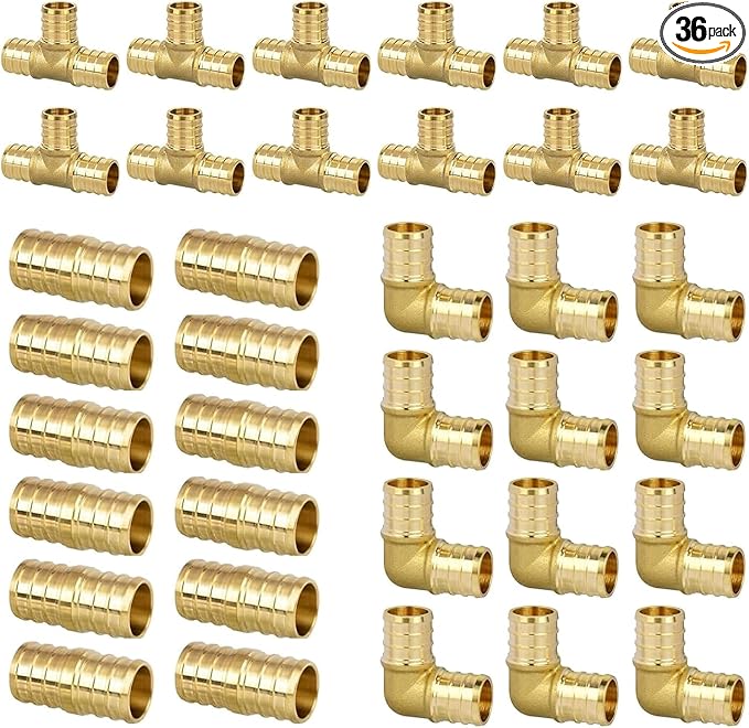 36 Pack 1/2" Pex Fittings Set, 12 Pcs Each Elbow, Tee and Coupling, Heavy-Duty Brass Crimp Fittings for PEX Pipes with Leak-Resistant Construction, NSF & UPC Certified