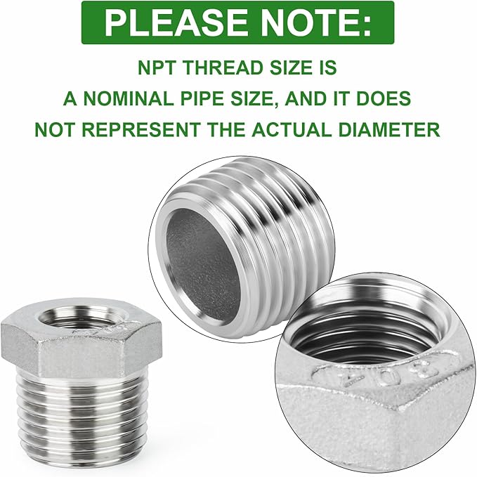 TAISHER 15PCS 304 Stainless Steel Reducer Hex Bushing, 1/4" NPT Male x 1/8" NPT Female, Reducing Pipe Adapter Fitting