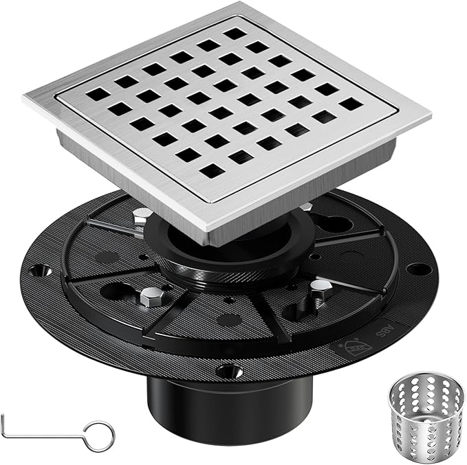 4-1/3 Inch Square Shower Floor Drain with Removable Cover Grid Grate, SUS 304 Stainless Steel, Watermark&CUPC Certified, Chrome Finished(Brushed Nickel, 4 in)