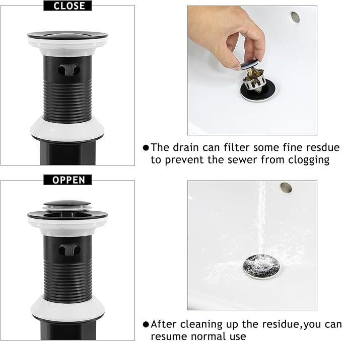 Bathroom Sink Drain,Drain Stopper Bathroom Sink Without Overflow,Small Cap Pop Up Drain Assembly with Detachable Strainer Basket,Built-in Anti-Clogging, Stainless Steel Nut Matte Black