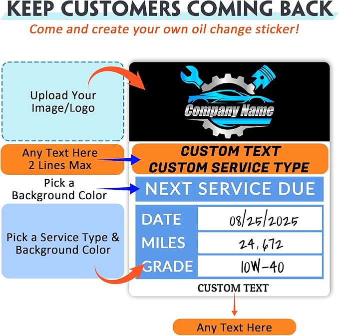 HDSD Custom Oil Change Stickers for Windshield Personalized Text/Logo,Clear and White Labels with Multiple Sizes, Suitable for Car and Transportation Vehicle Windows
