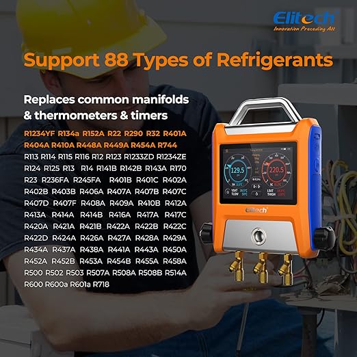 Elitech EMG-20V Intelligent HVAC Digital Manifold Gauge Three Port with Vaccum Sensor Thermometer Clamps Hoses