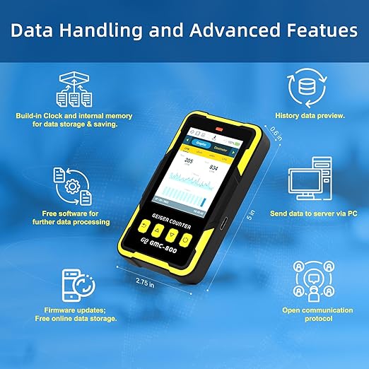 Nuclear Radiation Detector GQ GMC-800 Geiger Counter USA Design Product US National Standard Large Color LCD Display 5 Alarm Types Dosimeter Data Save & Global Share Beta Gamma X-ray Portable Device